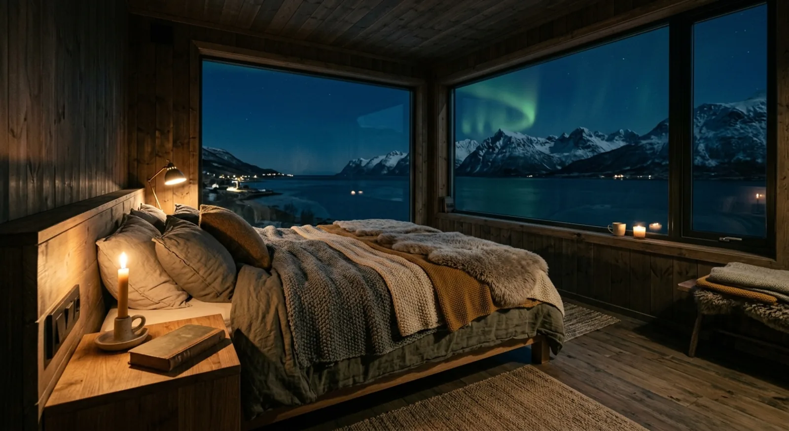 Fjellrommet: seng med ullpledd foran panoramavindu mot fjord og nordlys