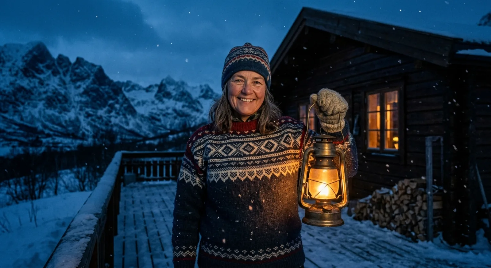 Ingrid Varde i strikket kofte med lykt i hånden utenfor lodgen i blåtimen