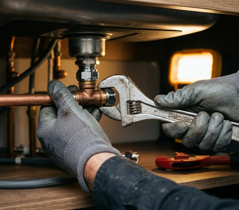 Rørlegger i arbeid med kobberrør under vask
